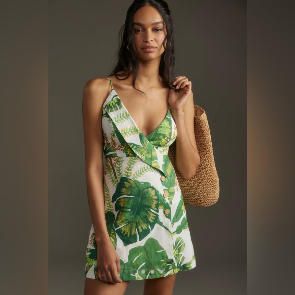 Farm Rio Tropical Forest Sleeveless V-Neck Linen Mini dress